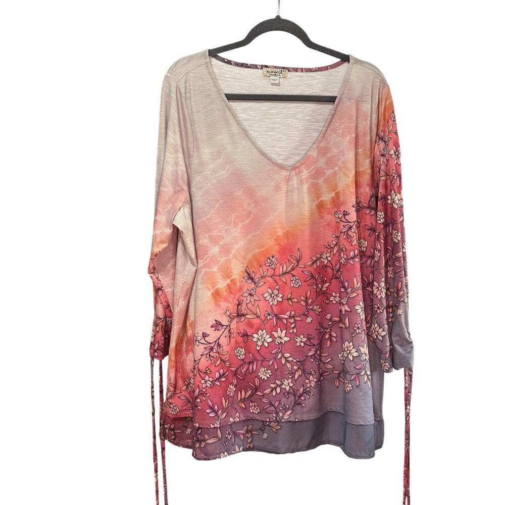 One World size 2X pink ombré floral print 3/4 ruched tie cuff sleeve v neck top